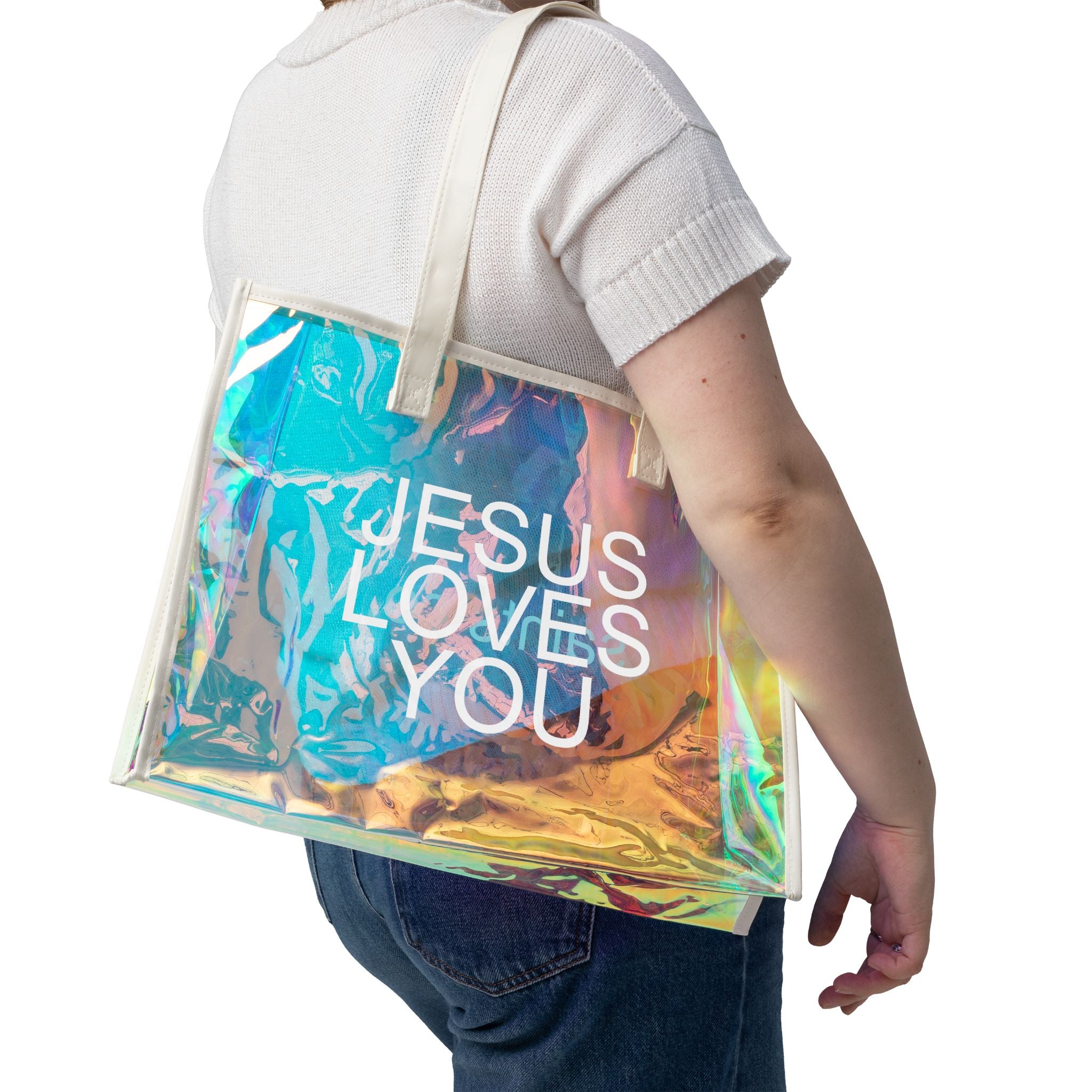 Holographic Beach Tote Bag — "JESUS LOVES YOU" Clear Iridescent Carryall