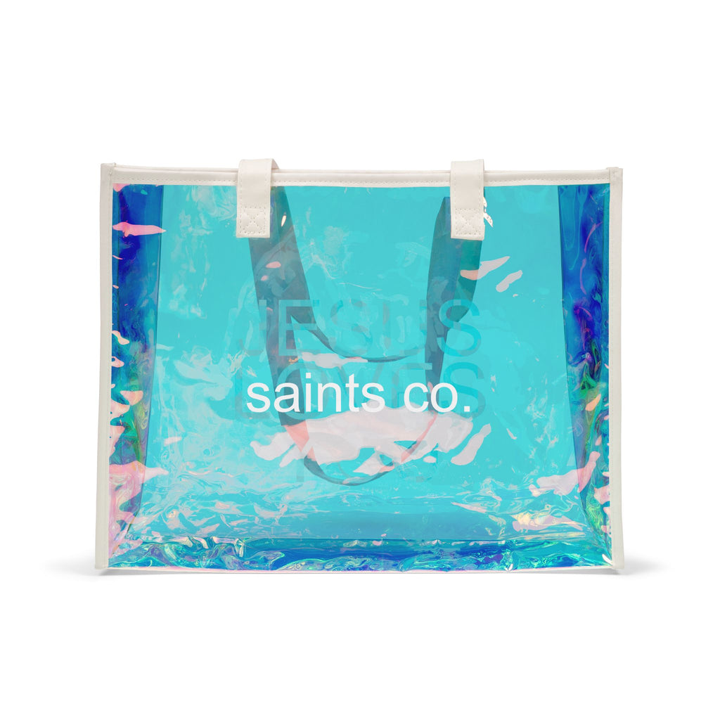 Holographic Beach Tote Bag — "JESUS LOVES YOU" Clear Iridescent Carryall