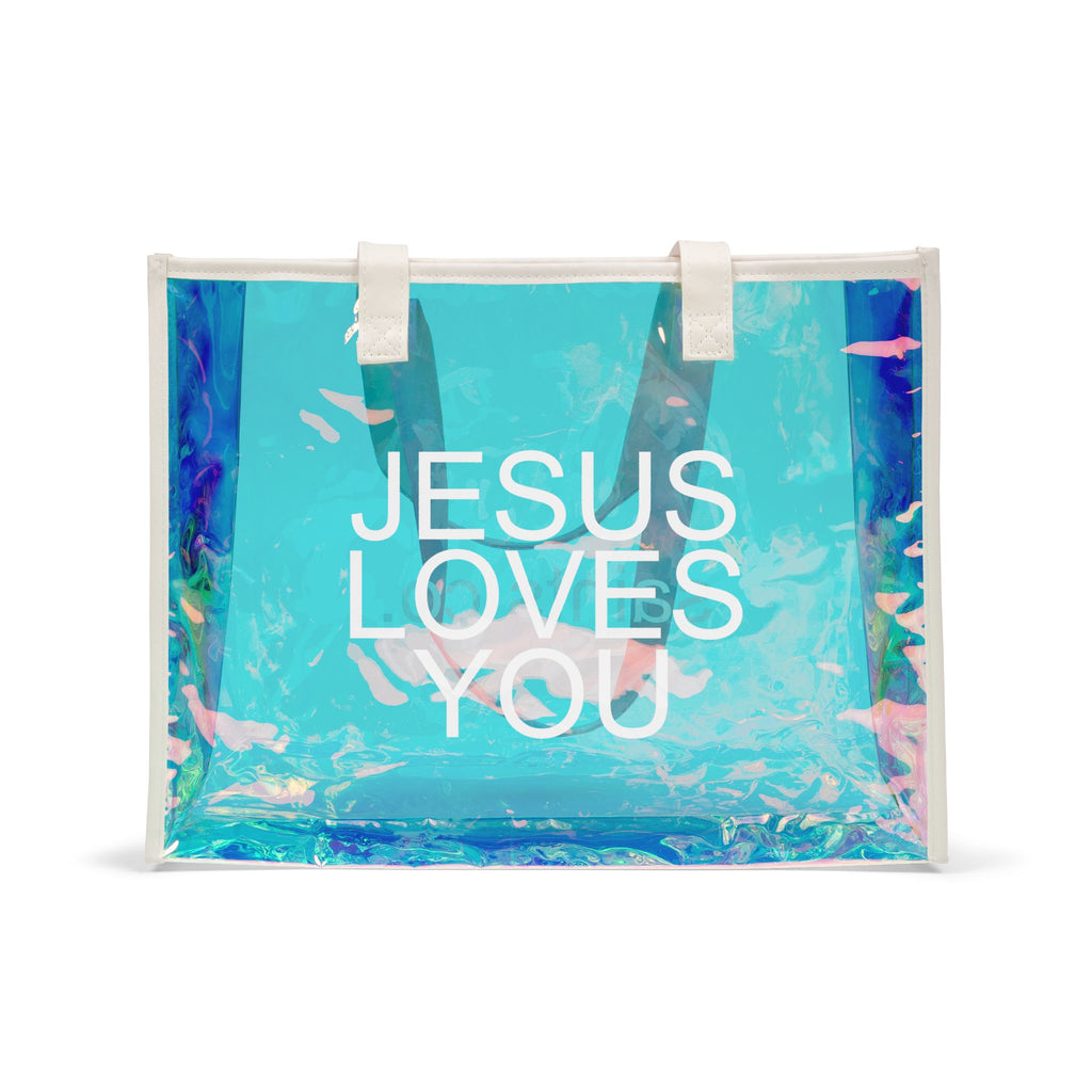 Holographic Beach Tote Bag — "JESUS LOVES YOU" Clear Iridescent Carryall